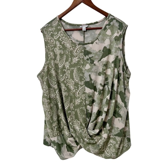 Cato Tops - Cato Womens Plus 18/20W Green Paisley Camo Twist Front Sleeveless Knit Top